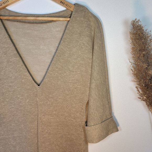 VINTAGE lightweight see-through tan knit dress V-neck - Picture 3 of 6